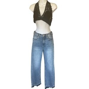 Risen Women High Rise Raw Hem Straight Leg Jeans 3/26 Blue Distressed Denim Boho